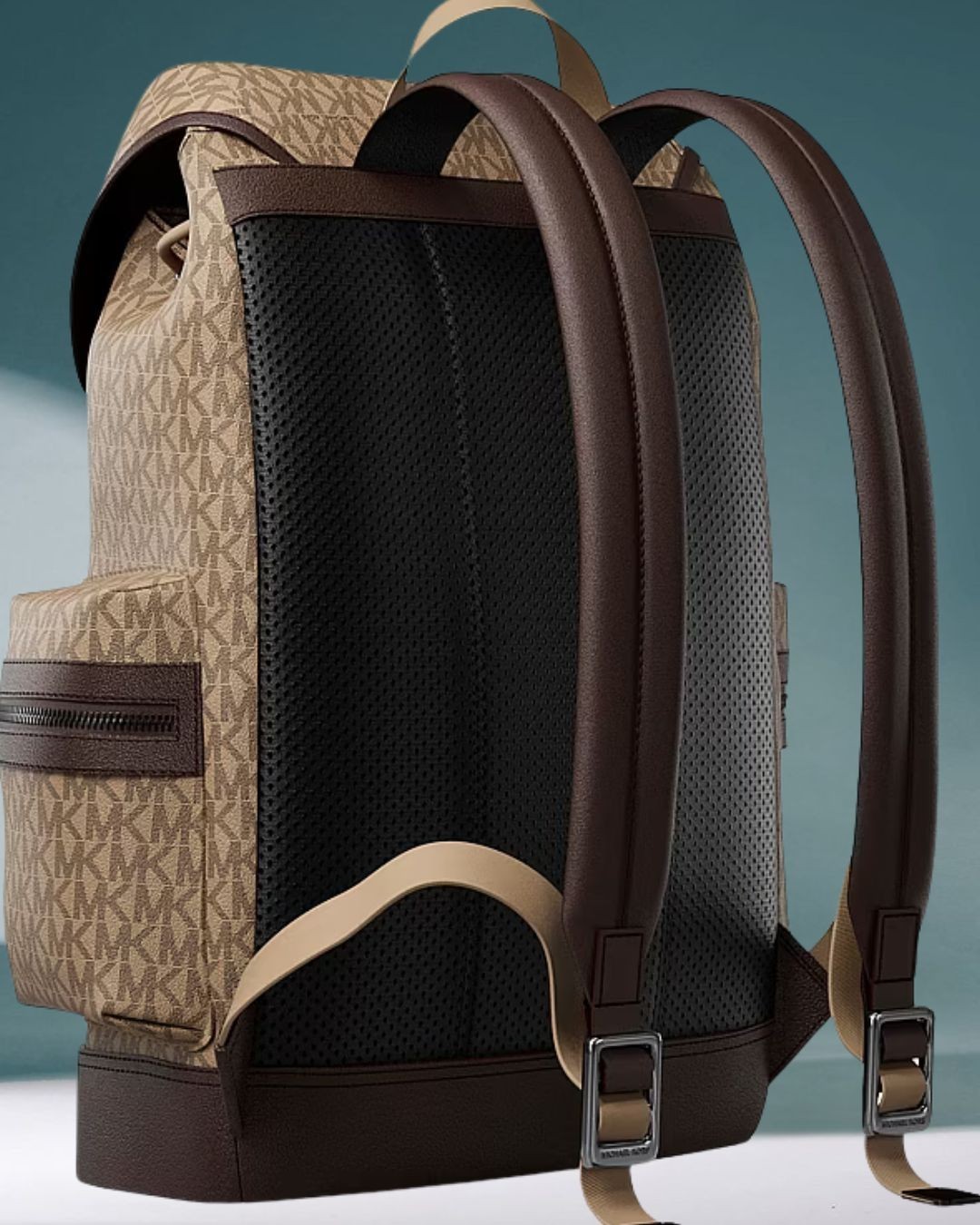 Michael Kors Cooper Men MK Logo Print Canvas Travel School Pocket Backpack Camel
