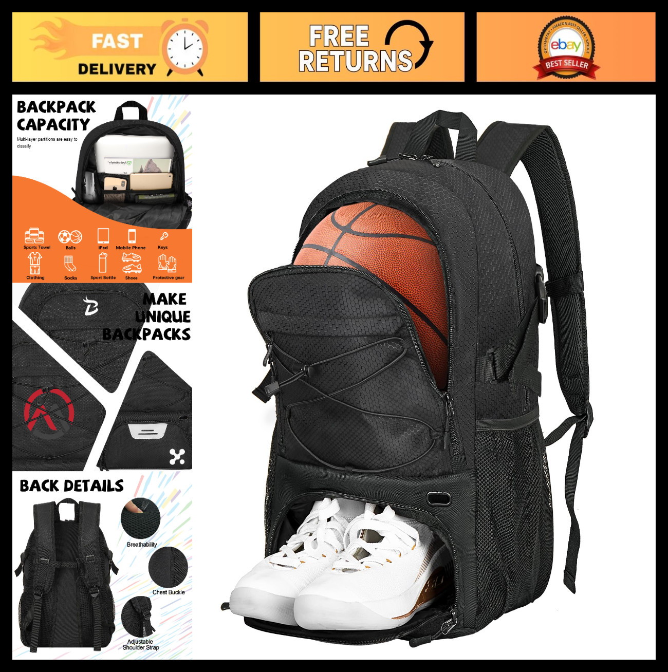 35L Sports Backpack with Shoe & Ball Compartment – Ideal for Basketball, Soccer,