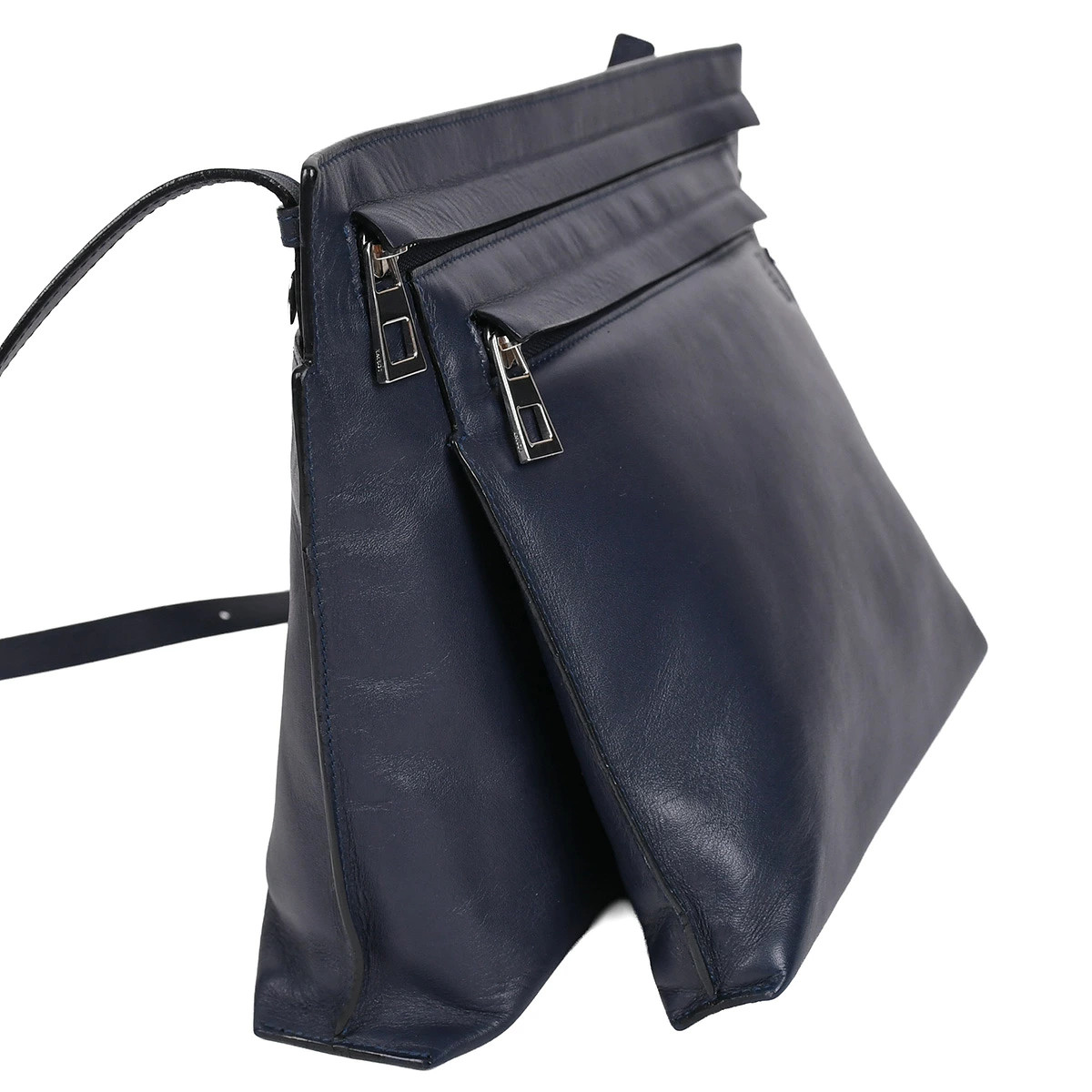 LOEWE Anagram Large Double Pouch Shoulder Crossbody Leather Navy Silver