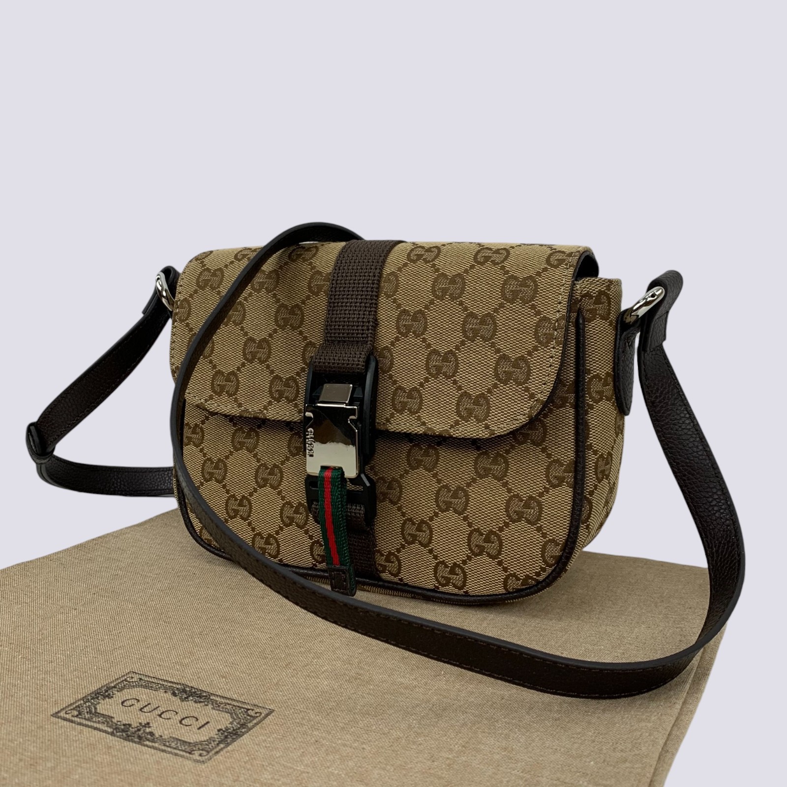 Gucci GG Monogram Canvas Web Logo Crossbody Messenger Shoulder Bag Beige 802100