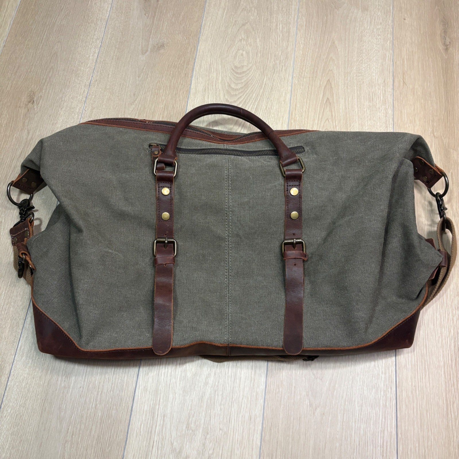 S-ZONE Canvas Leather Duffel Bag Weekender Overnight Travel Bag Green Brown
