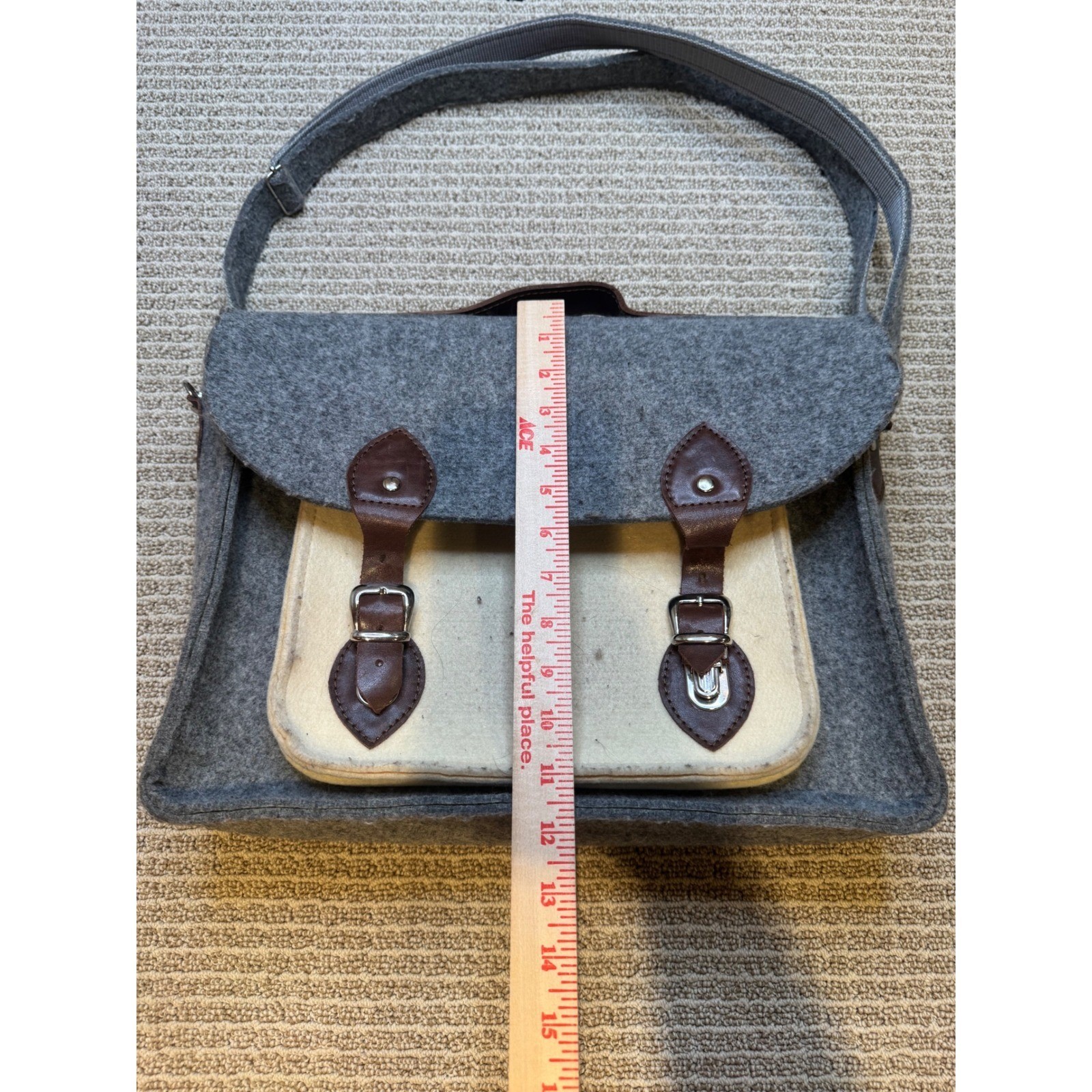 Grey Felt Satchel Messenger Bag Two Tone Buckle Strap Shoulder Bag