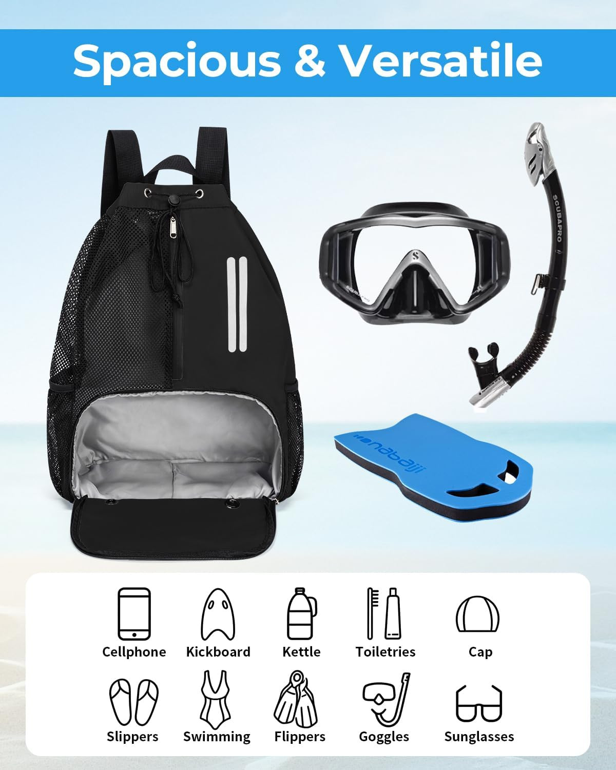 Swim Bag Mesh Drawstring Backpack with Shoe Compartment & Wet Pocket Waterproof