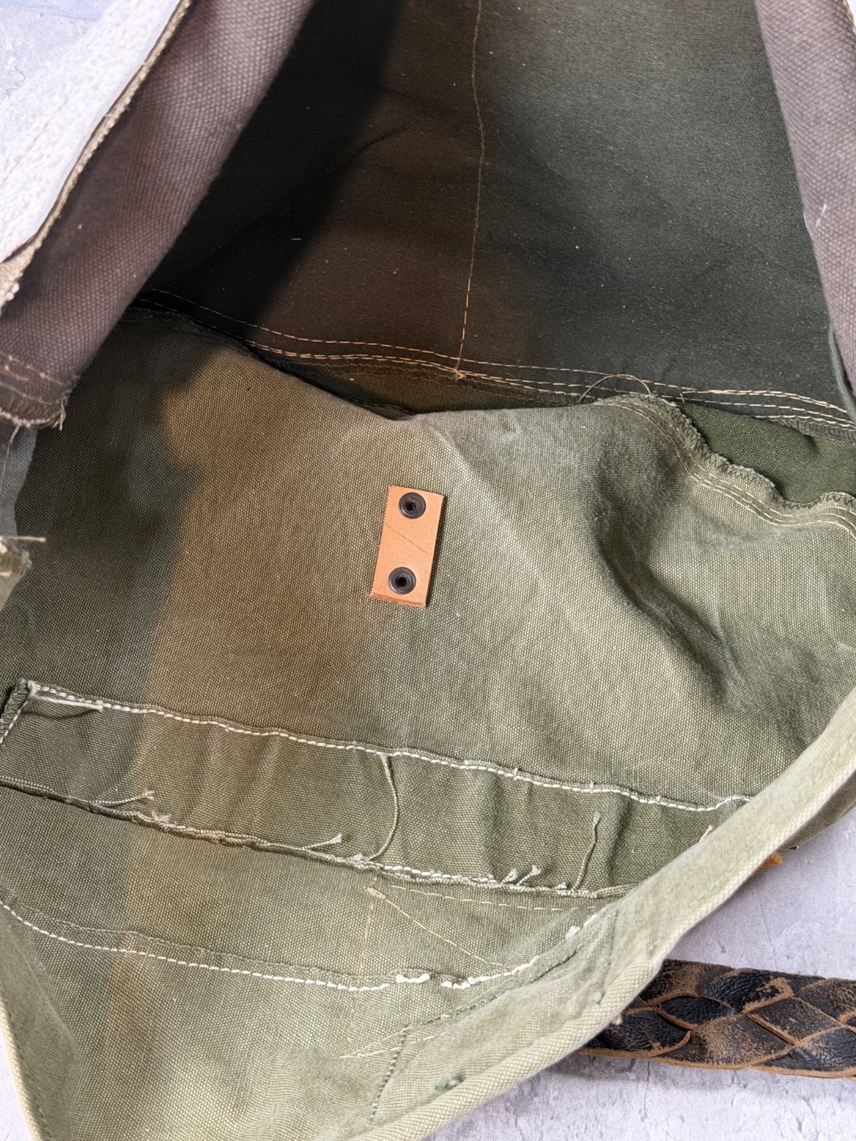Vintage Army Military Newspaper Bag Upcycled Leather Hide Canvas 17×13 OOAK