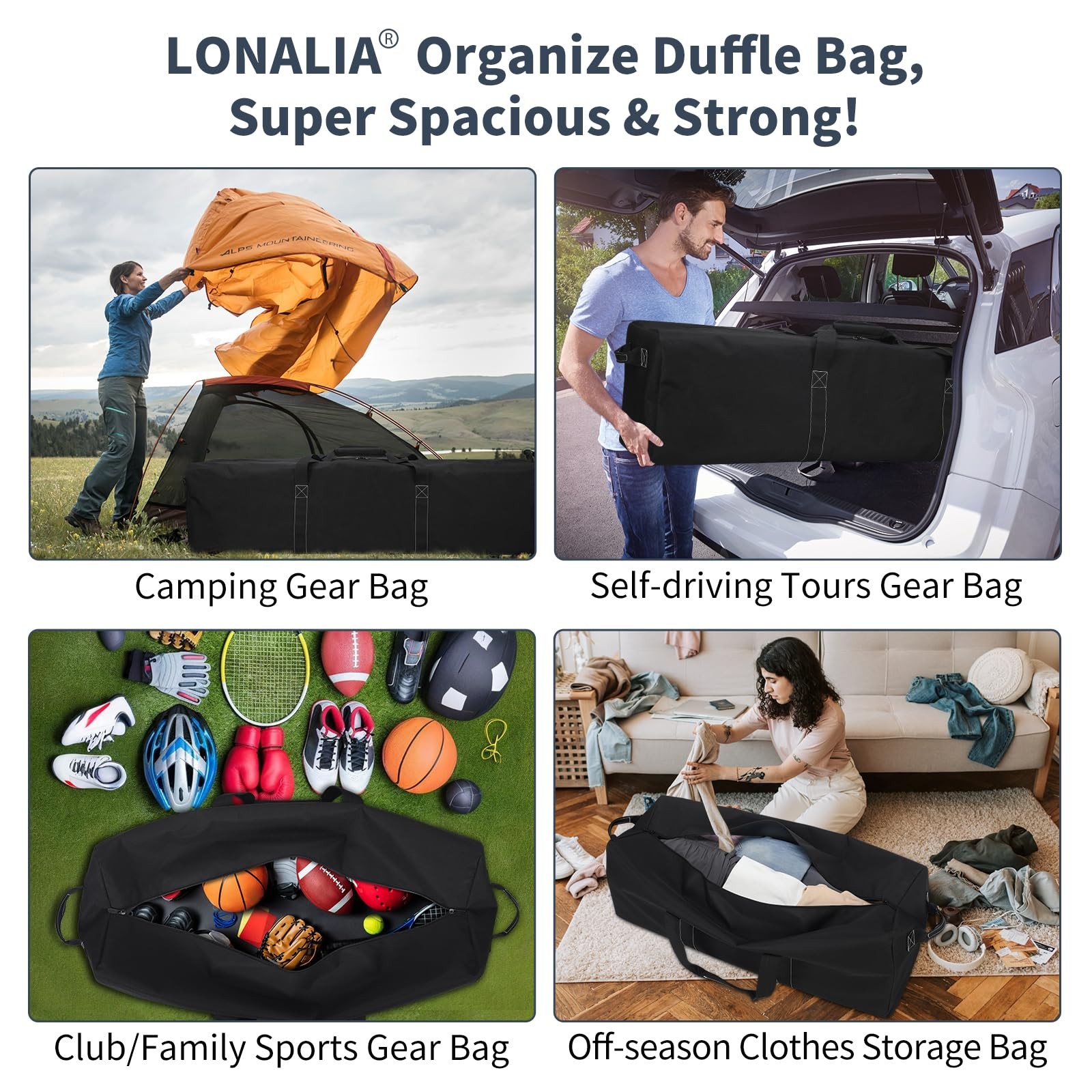 52 Inch Large Duffle Bag 180L Extra Large Heavy Duty Equipment Storage Black