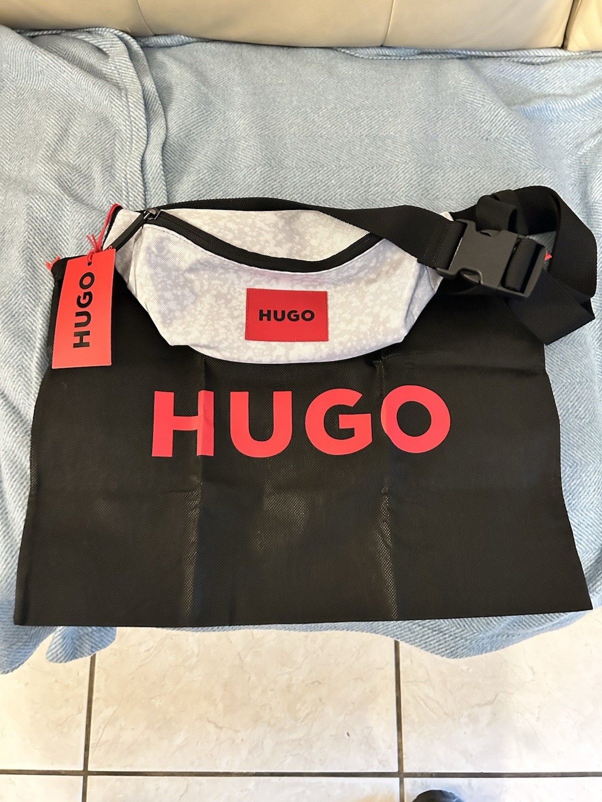 HUGO Men’s Crossbody Bag Black White Red Logo Adjustable Strap Zip Buckle