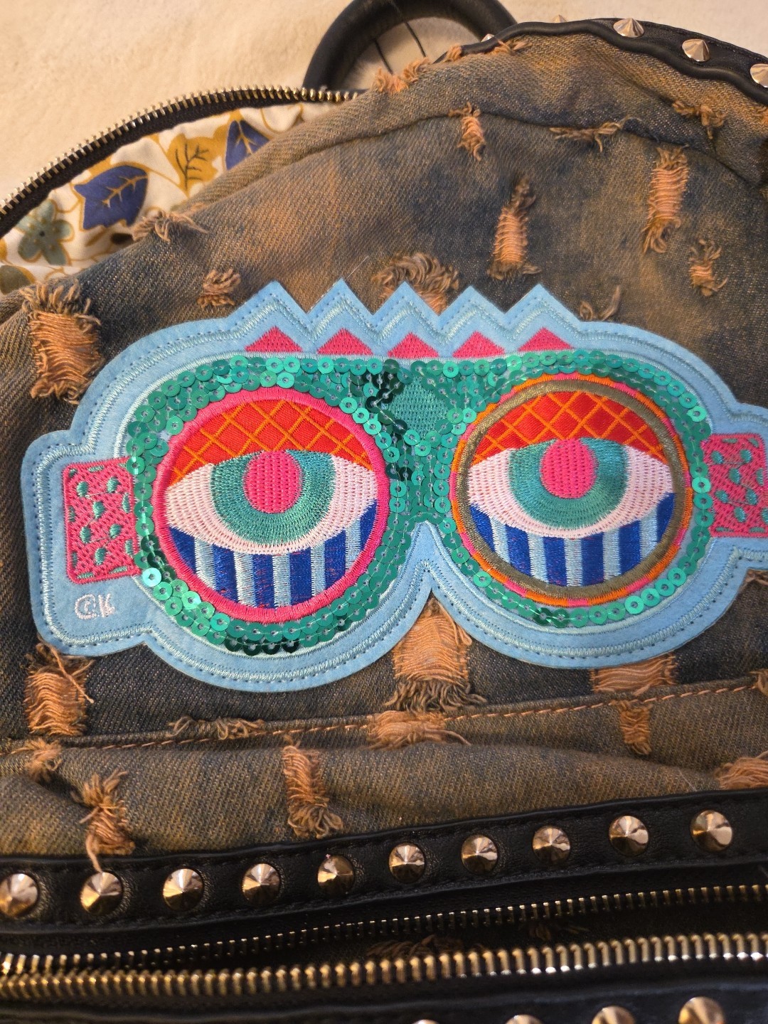 Distressed Soft Denim Backpack Patches Embroidery Sequins Eyes Grunge Studs Zip