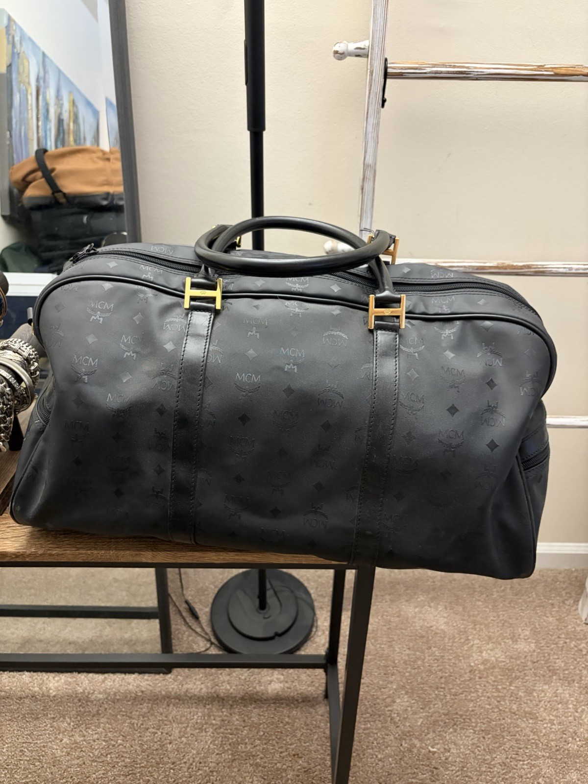 Vintage MCM Germany Visetos Black Leather Coated Large Duffle Boston Travel Bag
