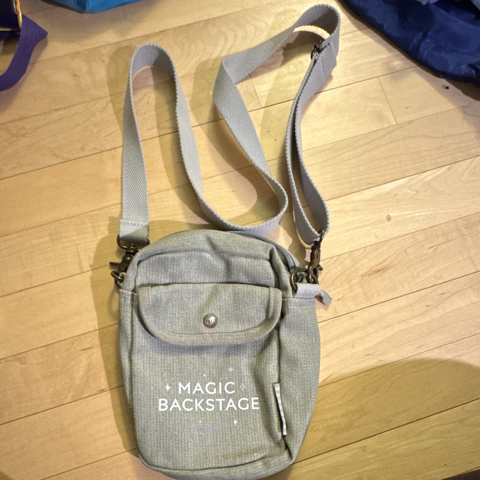 Magic Backstage Gray Small Crossbody Bag Adjustable Strap, Pockets Zip/Button