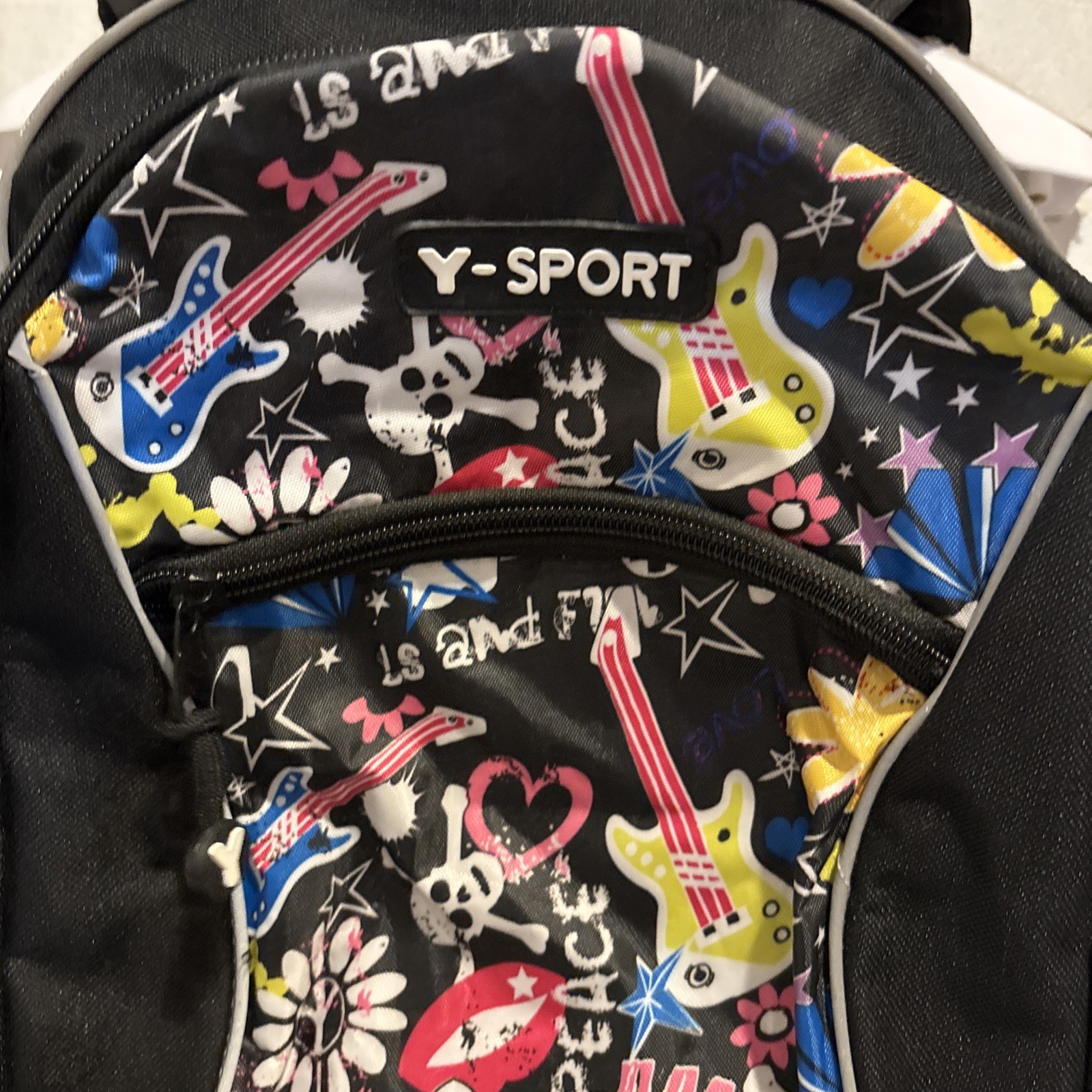 Y Sport Backpack Bag Black Music Theme Side Pockets Top Handle Retro School