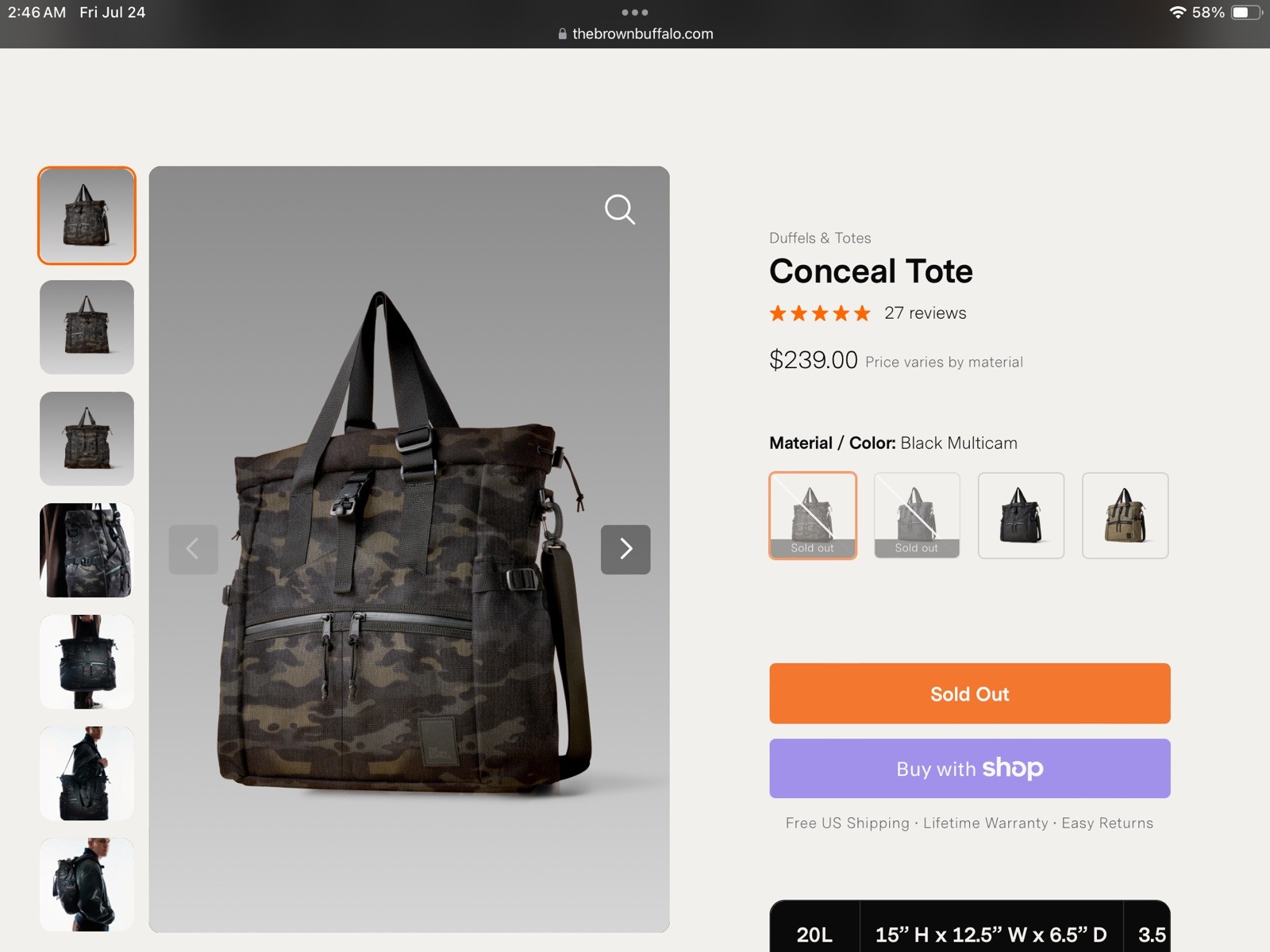 Brown Buffalo Conceal Tote 21L Backpack Shoulder Bag Cordura Black Green
