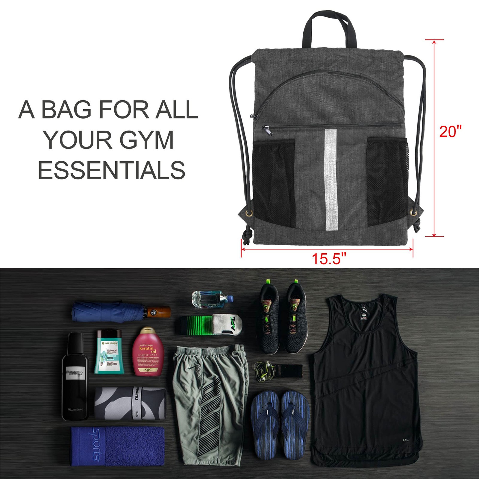 Drawstring Backpack Bag with Shoe Compartment, X-Large Black Gym Sports String
