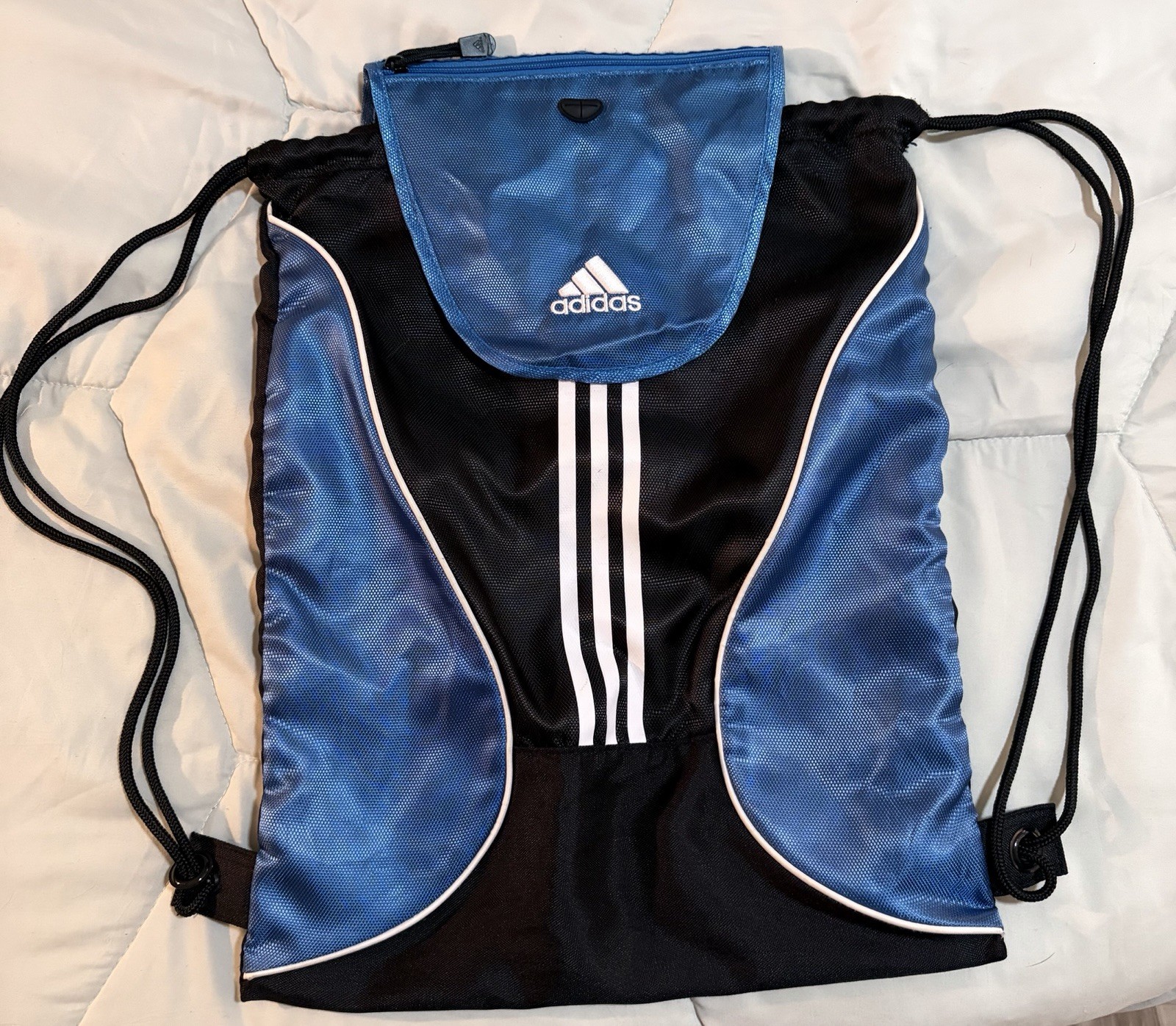 ADIDAS Drawstring Backpack Light Bright Blue W/ Black White Racer Stripes Unisex