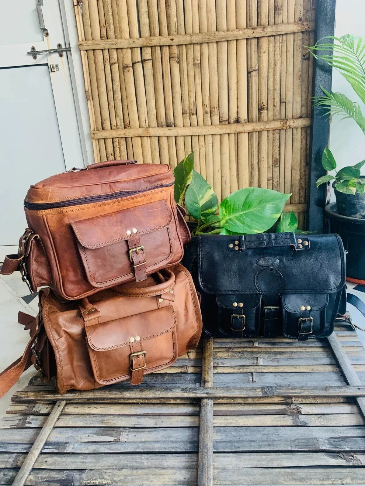 Genuine Laptop Black Briefcase Bag 15″ Hipster Goat Leather Duffel + Camera Bag