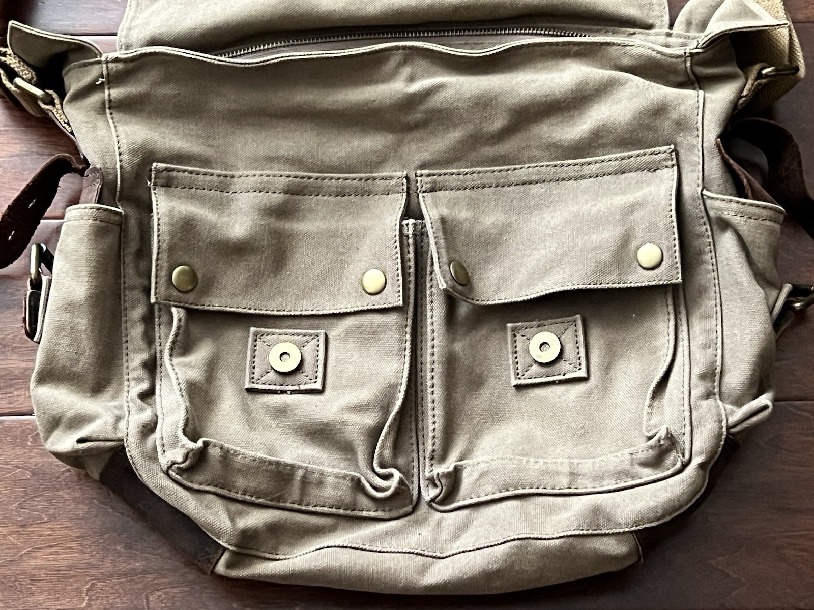 S-ZONE Brown Leather Canvas Zip Button Multi Pocket Shoulder Strap Messenger Bag