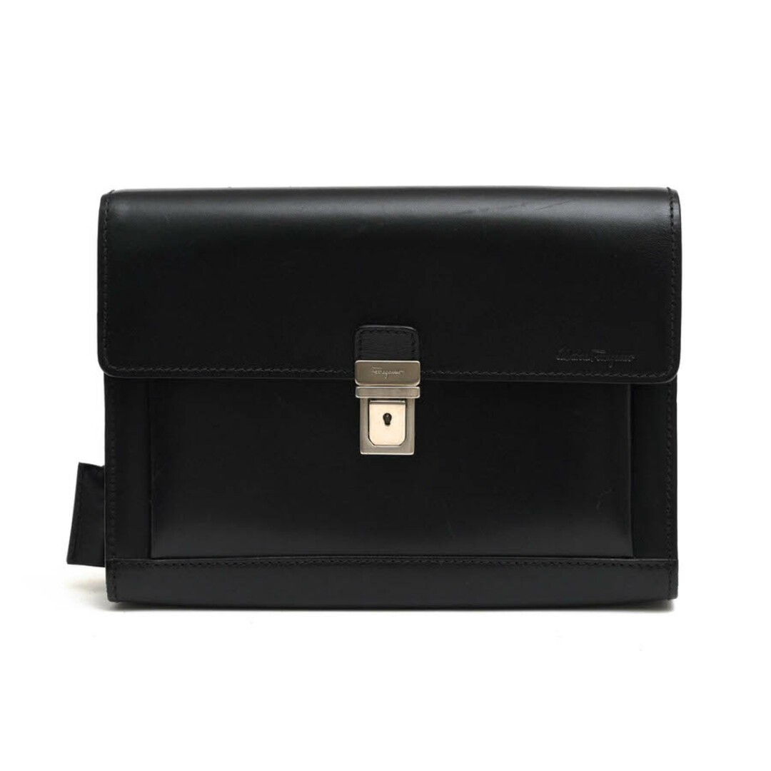 Ferragamo Men’s Business Second Clutch Bag Black Leather Flip-style 26x19x6.5cm