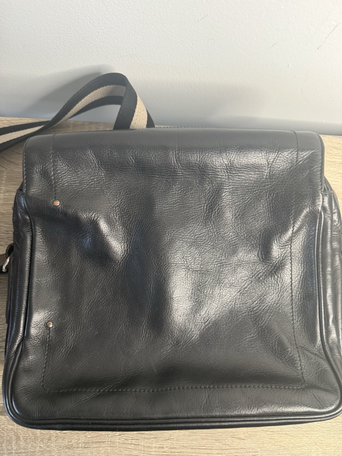 Bally Black Leather Messenger Bag Crossbody Stripe Strap Italy Classic