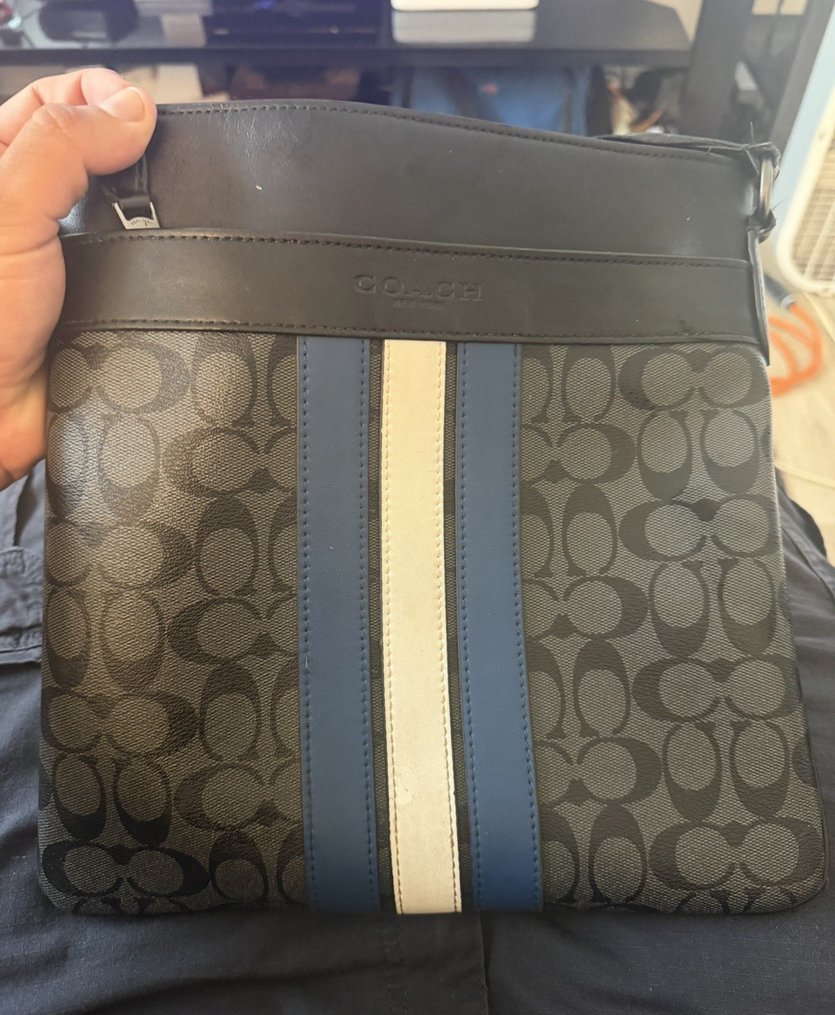 Coach Signature Logo Crossbody Bag Medium Black Blue Beige Zip Adjustable Strap