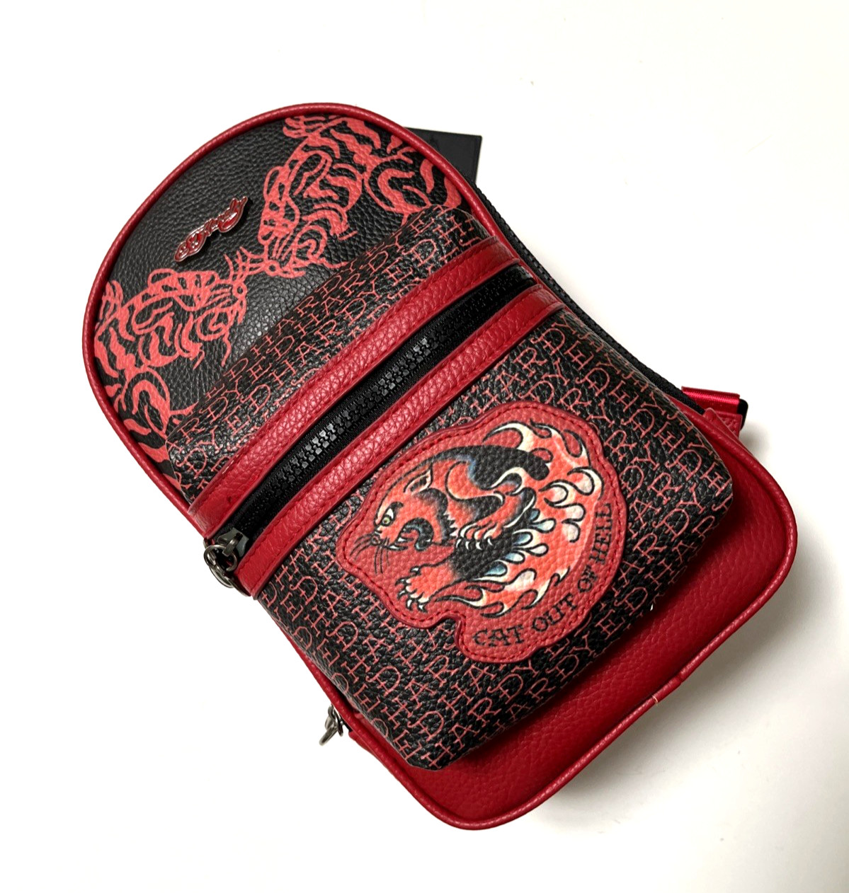 Ed Hardy Tiger Sling Backpack Crossbody Red Black Skull Zip Adjustable NWT