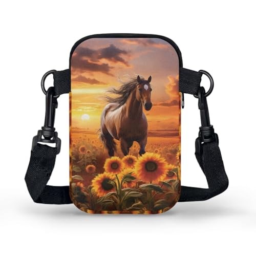 2 Layer Cat Print Crossbody Bags Polyester Horse Sunflower Sunset Brown