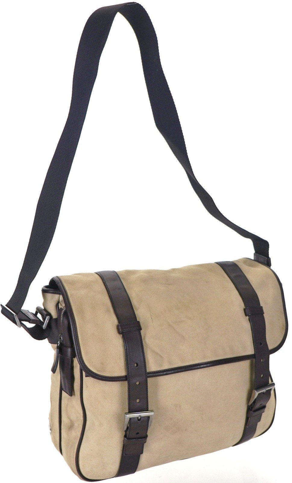 Vintage PRADA Beige Brown Canvas Leather Messenger Crossbody Bag Italy
