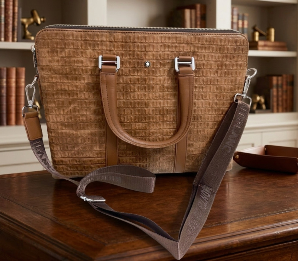 Luxury Montblanc Men’s Brown Crocodile Textured Leather Laptop Bag Briefcase