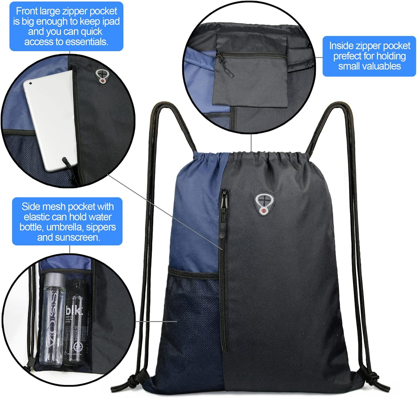 Drawstring Backpack Sports Gym Bag for Women Men Large Cinch Sackpack with 2 Zip