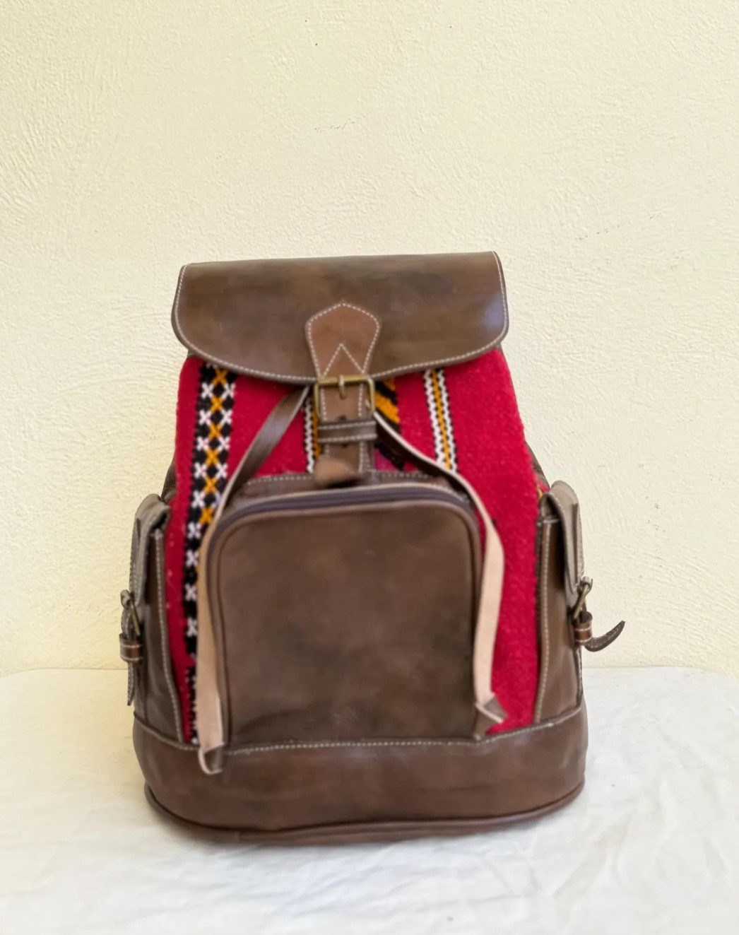 Handcrafted Genuine Leather & Red Kilim Backpack – Brown Leather | Central Zip