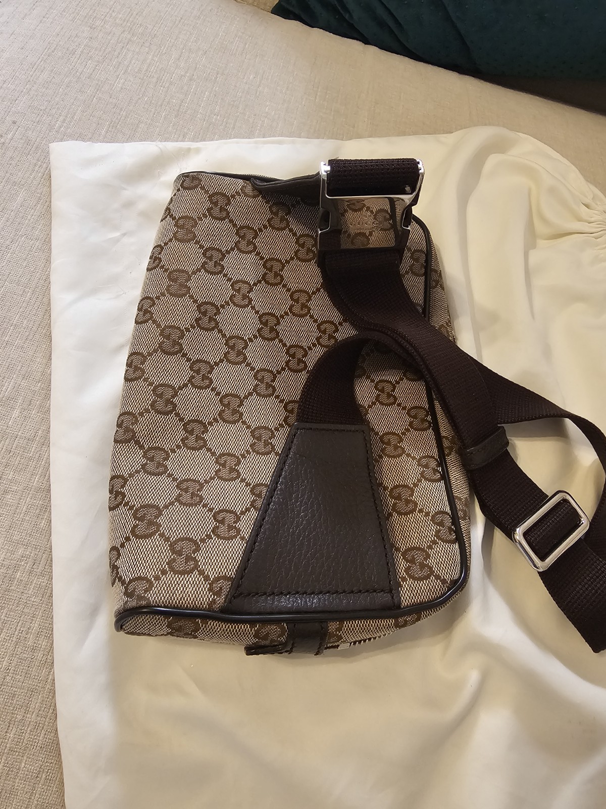 Gucci GG Monogram Crossbody Bag Zip Closure Adjustable Strap Beige Brown