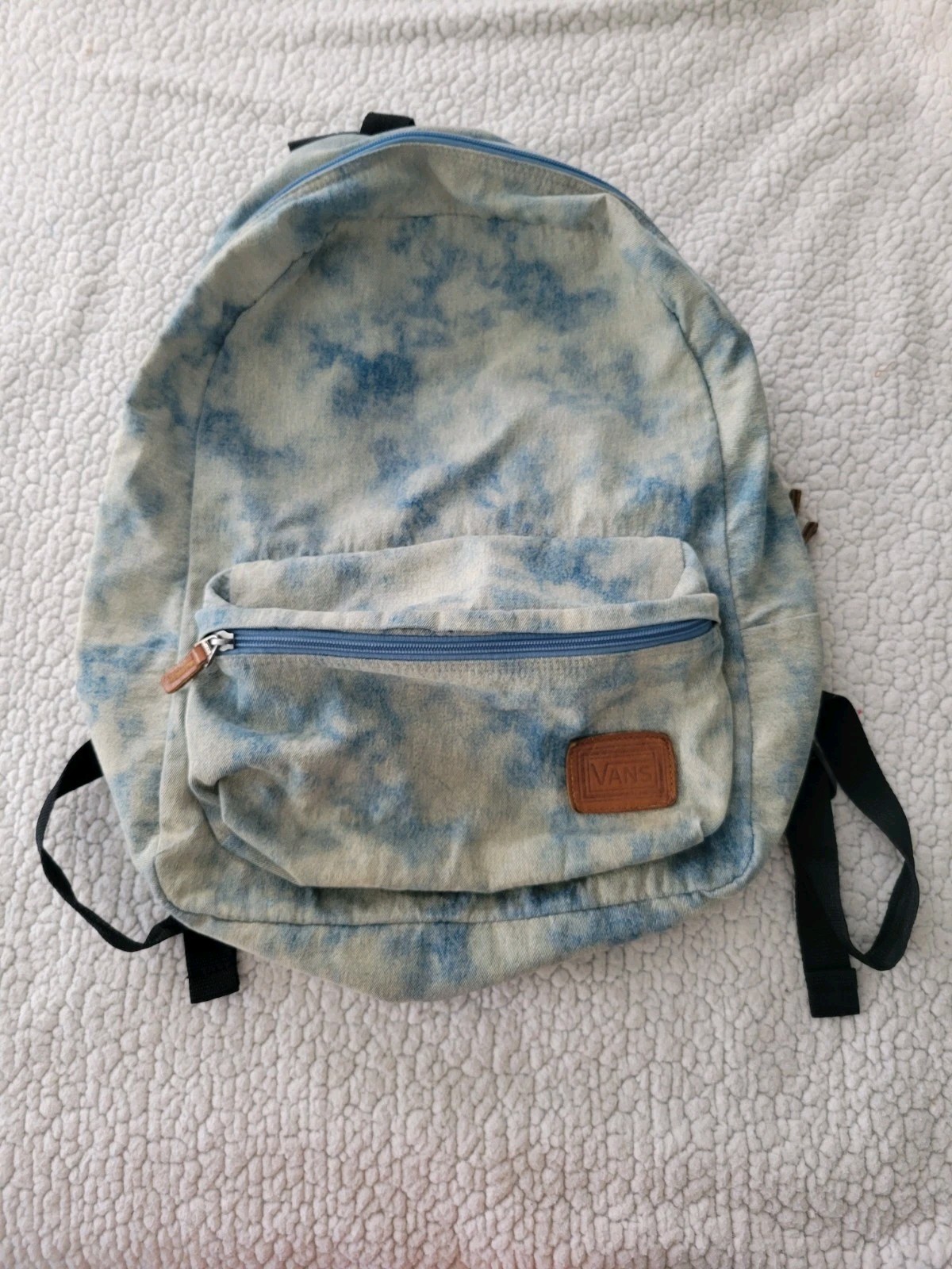 Vans Off The Wall Denim Tie Dye Wash Blue Jean School Backpack Leather Patch