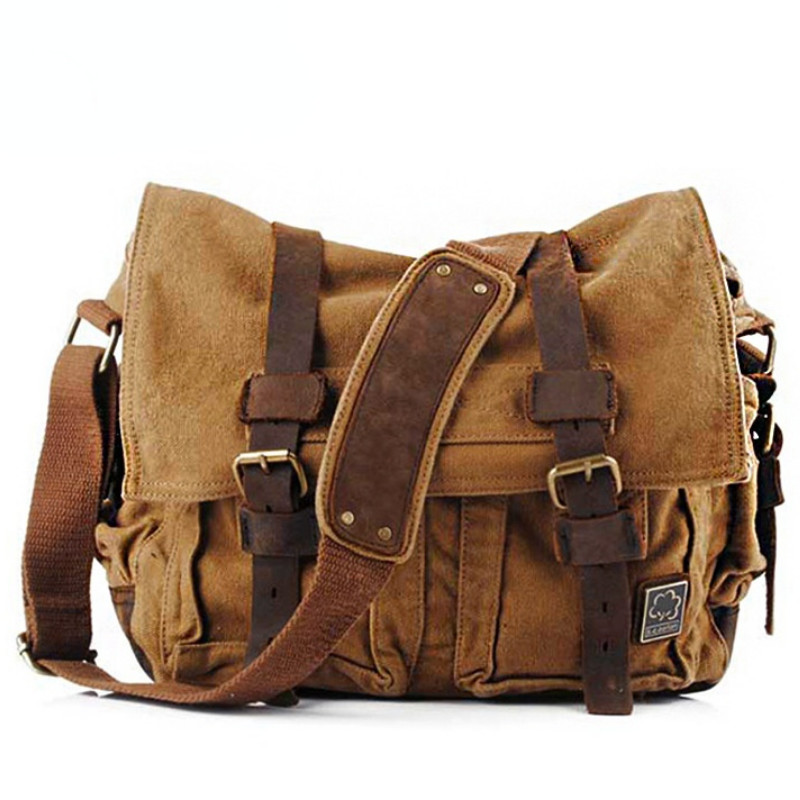 Military Canvas Genuine Leather Men Messenger Bags Shoulder Crossbody Casual Bag