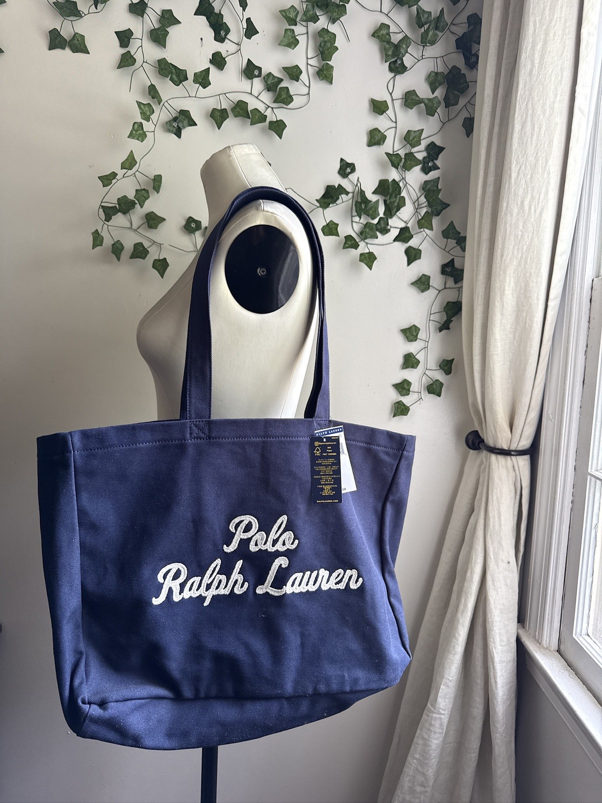 NWT Polo Ralph Lauren NAVY BLUE Cotton Chain Stitch Embroidered Canvas Tote Bag