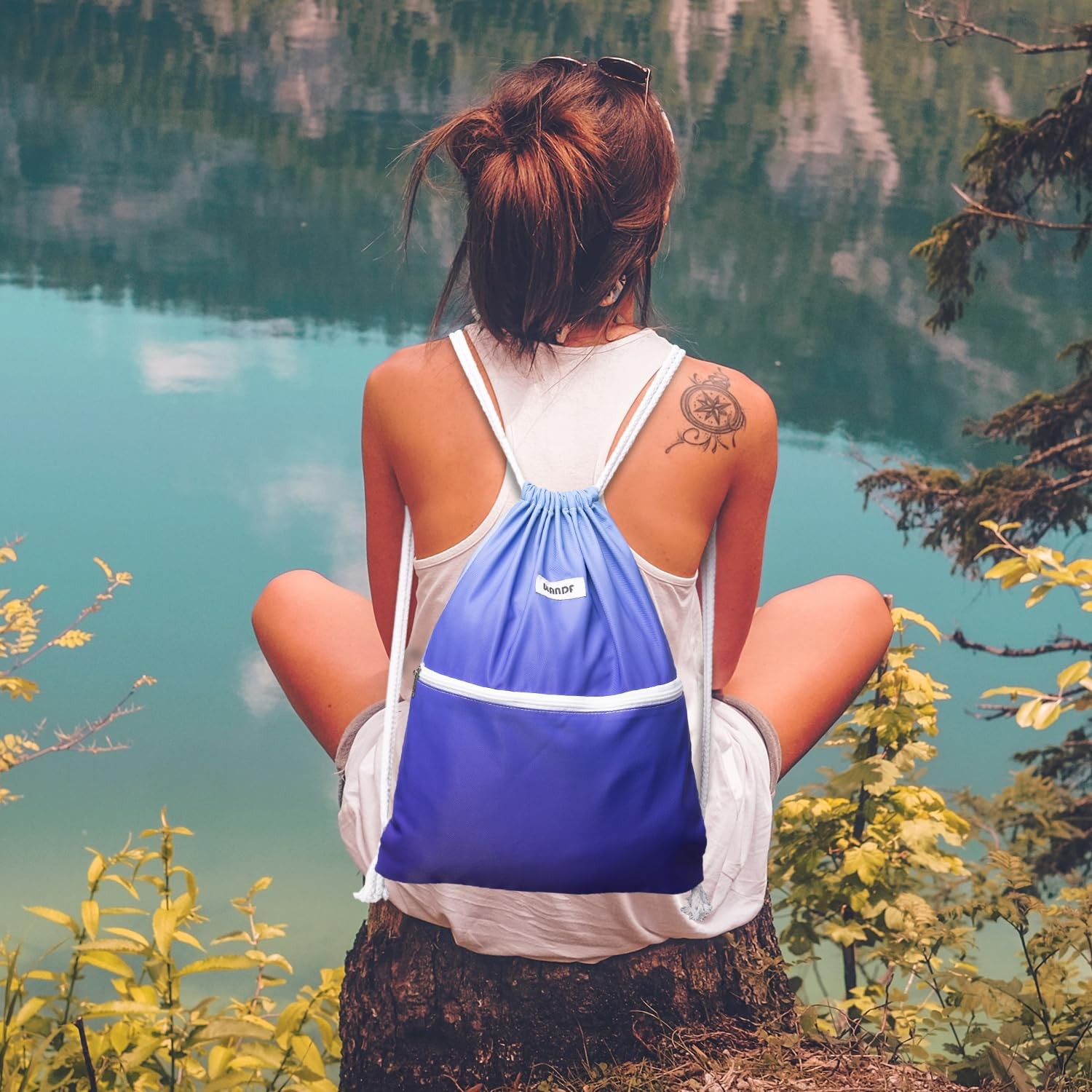 Drawstring Backpack Water Resistant Nylon for Gym, Shopping, Sport, Yoga (Blue)