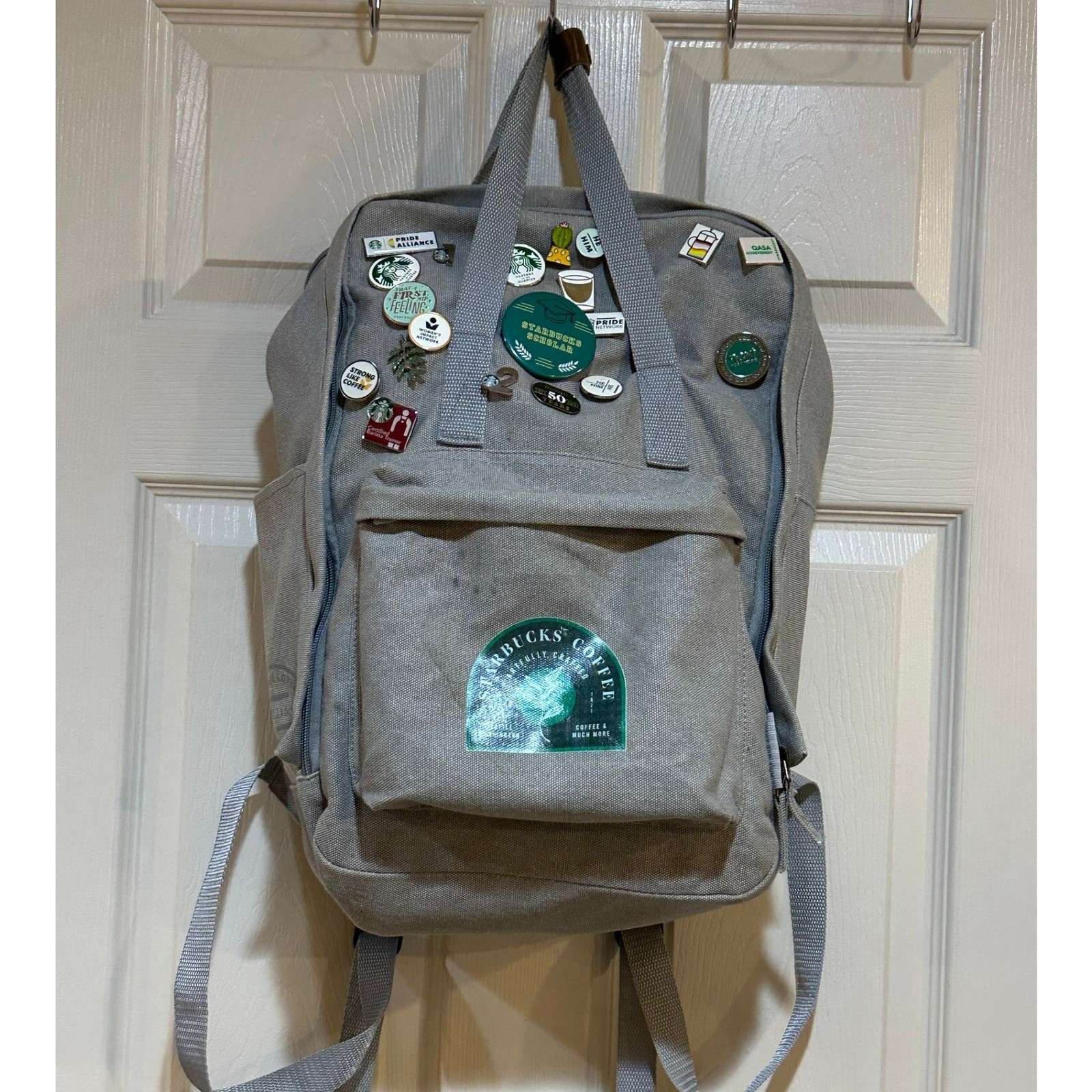 Starbucks Coffee Gray Canvas Backpack with Assorted Enamel Partner Pins Bundle