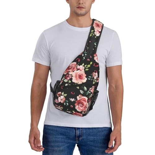 Floral Pattern Crossbody Sling Bag for Women Men Watercolor Blossom Pink Black