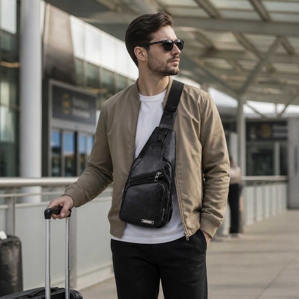 ​2-Pack Men’s Sling Backpack Set: Black & Brown Crossbody Bags w/ USB Port