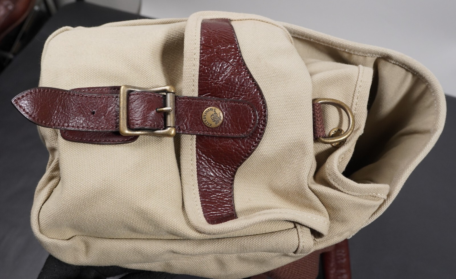 Winchester briefcase carryall gearbag leather canvas brass 17.5×11.5×8.5″