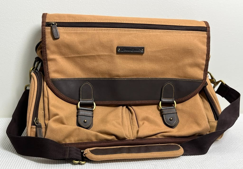 Eddie Bauer Mens Messenger Bag Field Laptop Briefcase Brown Canvas Leather Trim