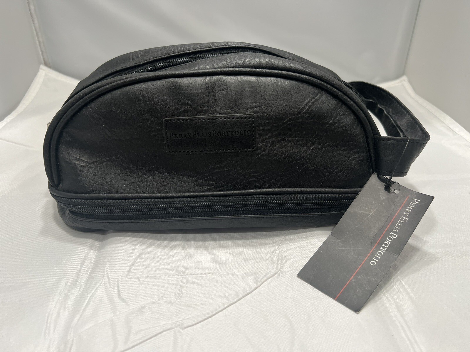 Perry Ellis Portfolio~Men’s Black Faux Leather Travel Kit Toiletry Bag W/Handle