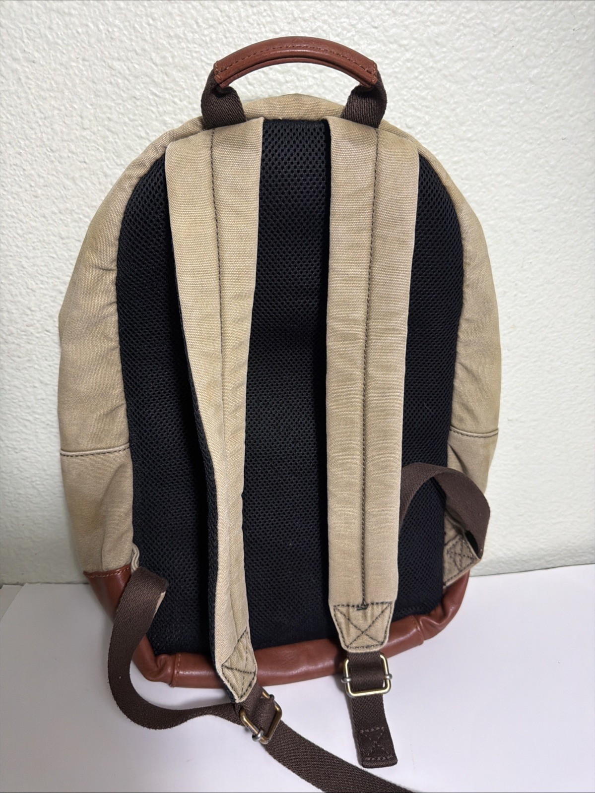 Fossil Estate Canvas Leather Backpack Beige Brown Stained 16x10x5