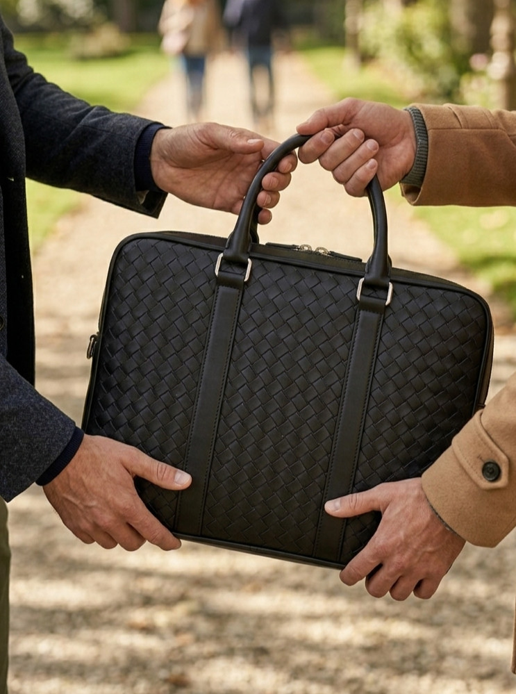 Black Woven Leather Laptop Briefcase Business Bag Office Messenger Handbag