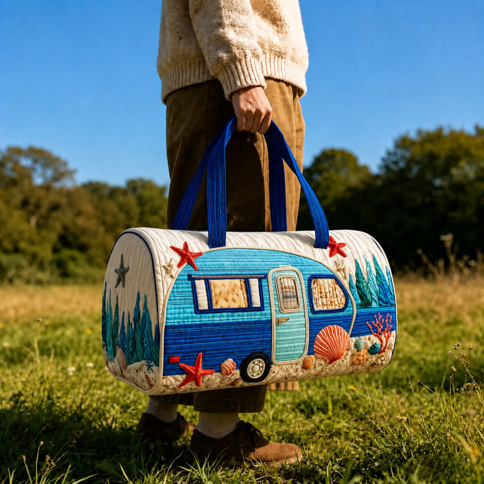 Quilted Coastal Camper Duffel Bag, Custom Beach Van Weekender Travel Bag