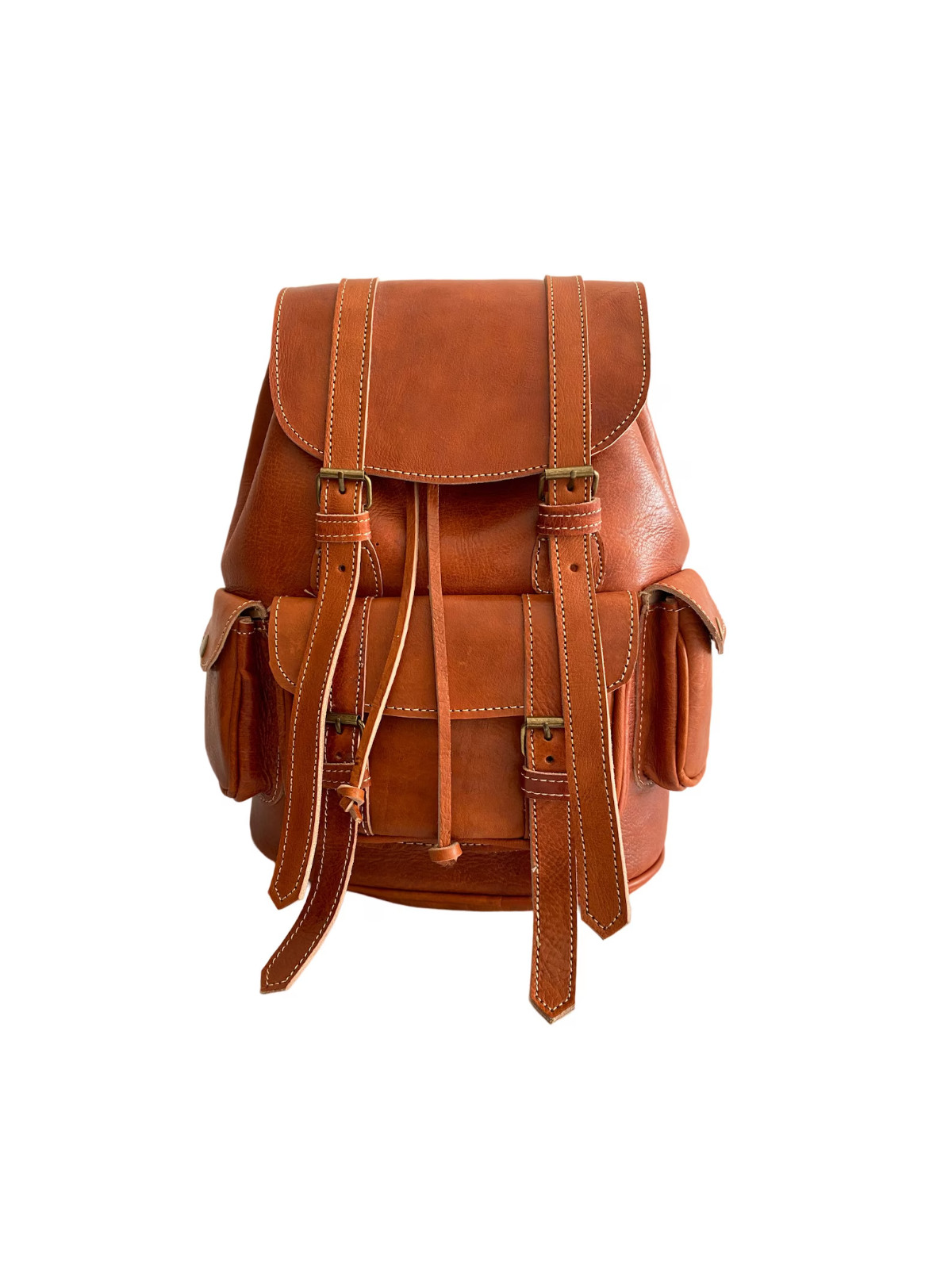 Cognac Leather Backpack Handmade Morocco 2 Pockets Genuine Leather Bag