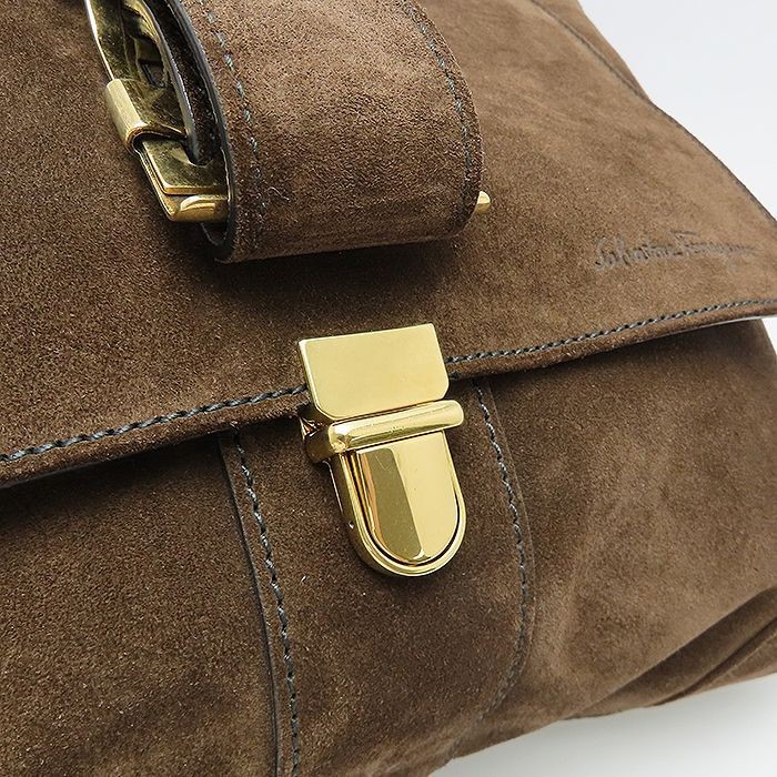 Salvatore Ferragamo Messenger Bag Shoulder Suede Belt Brown Vintage 38x30x13cm