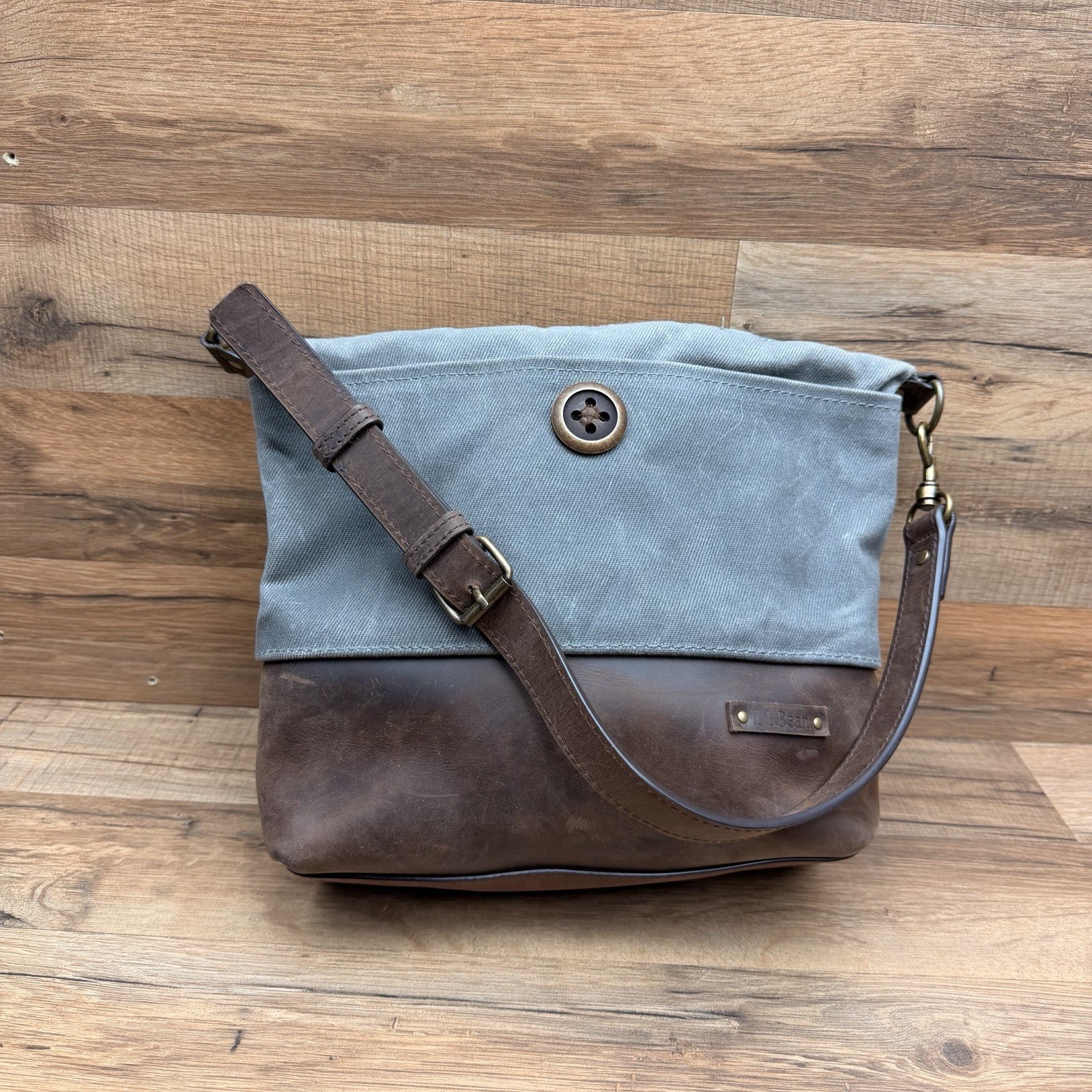 L.L. Bean Canvas Lined Crossbody Bag Cotton Leather Gray Neutral