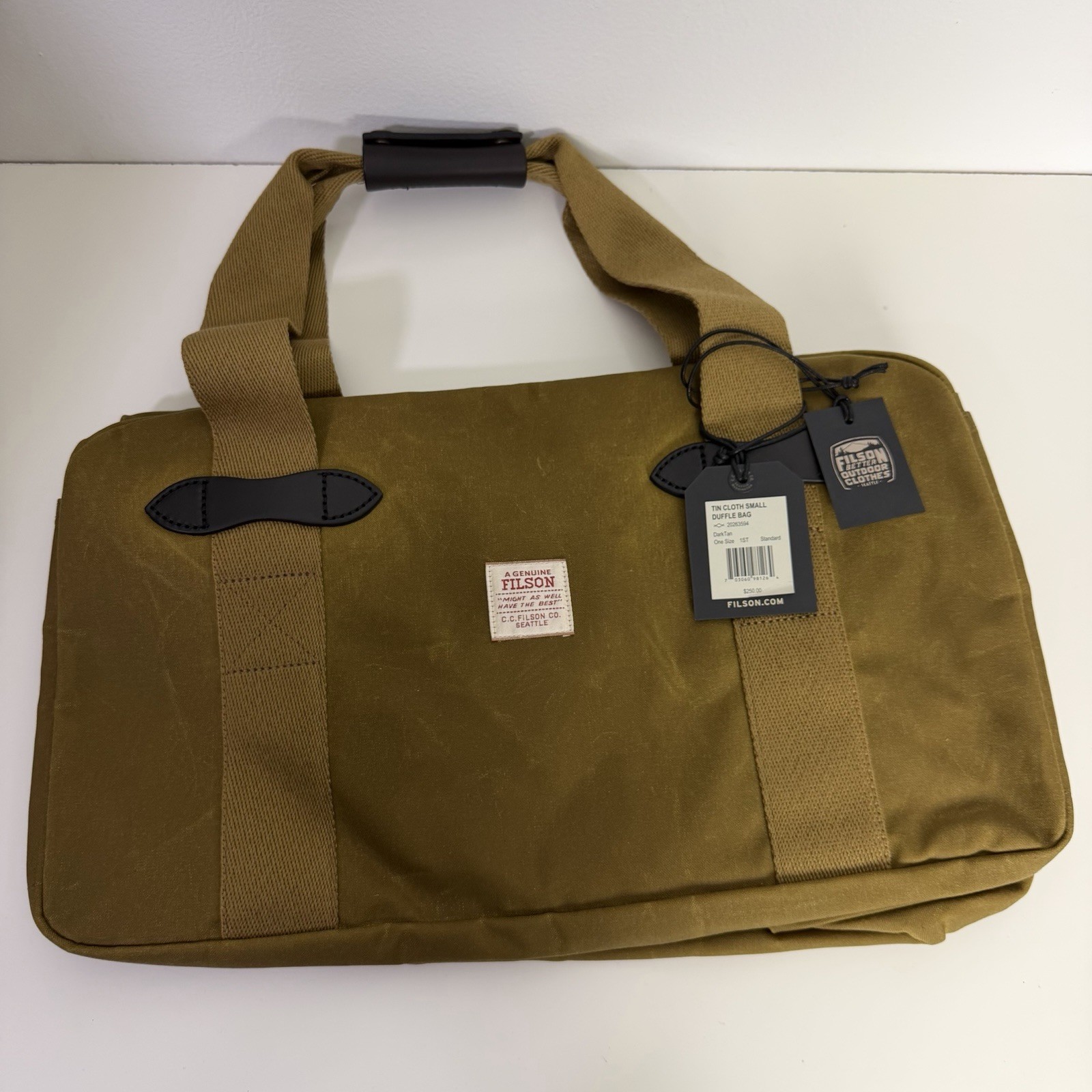 Filson Tin Cloth Small Duffle Bag Dark Tan New Gym Clothes Canvas Leather Handle