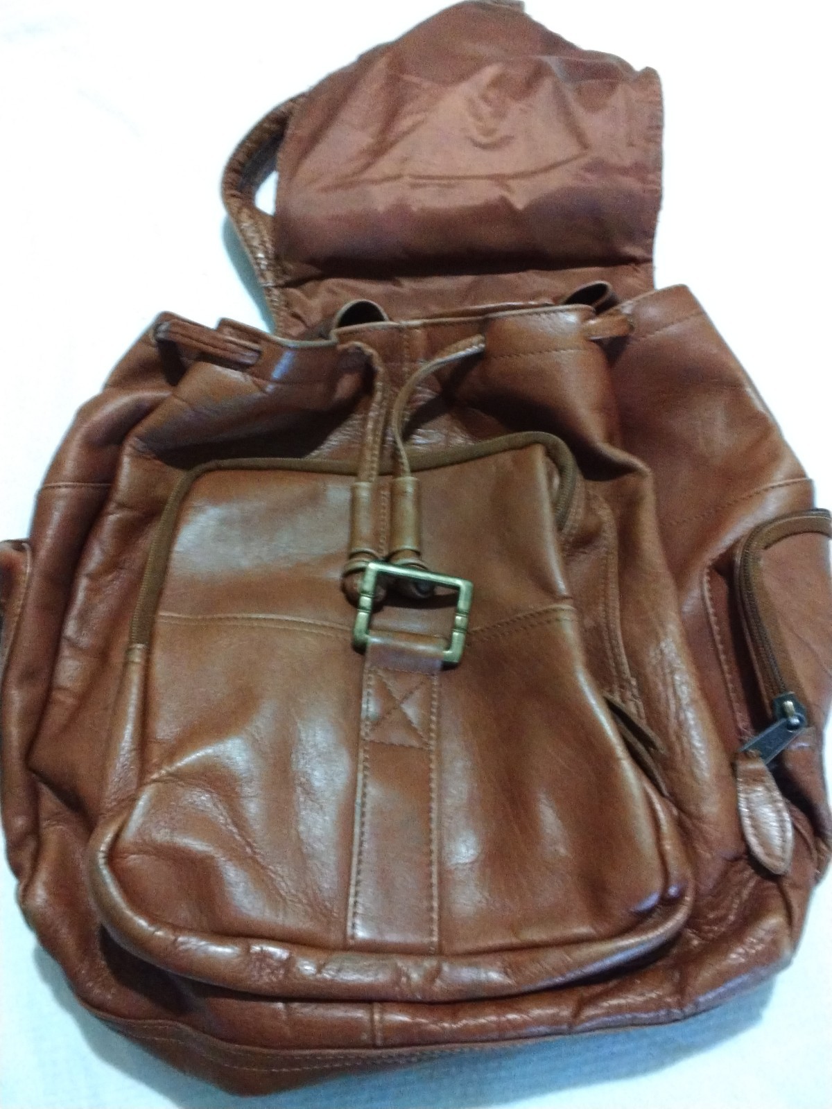 Vintage Brown Leather Backpack,From Columbia South America Drawstring &Snap READ