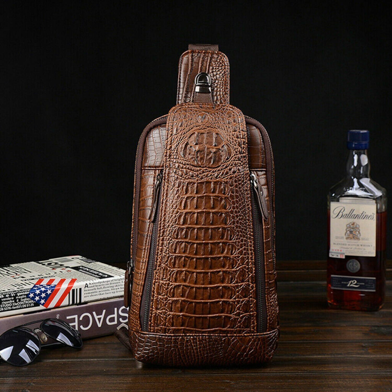 Mens Luxury Crocodile Pattern Chest Sling Backpack Leather Crossbody Travel Bag
