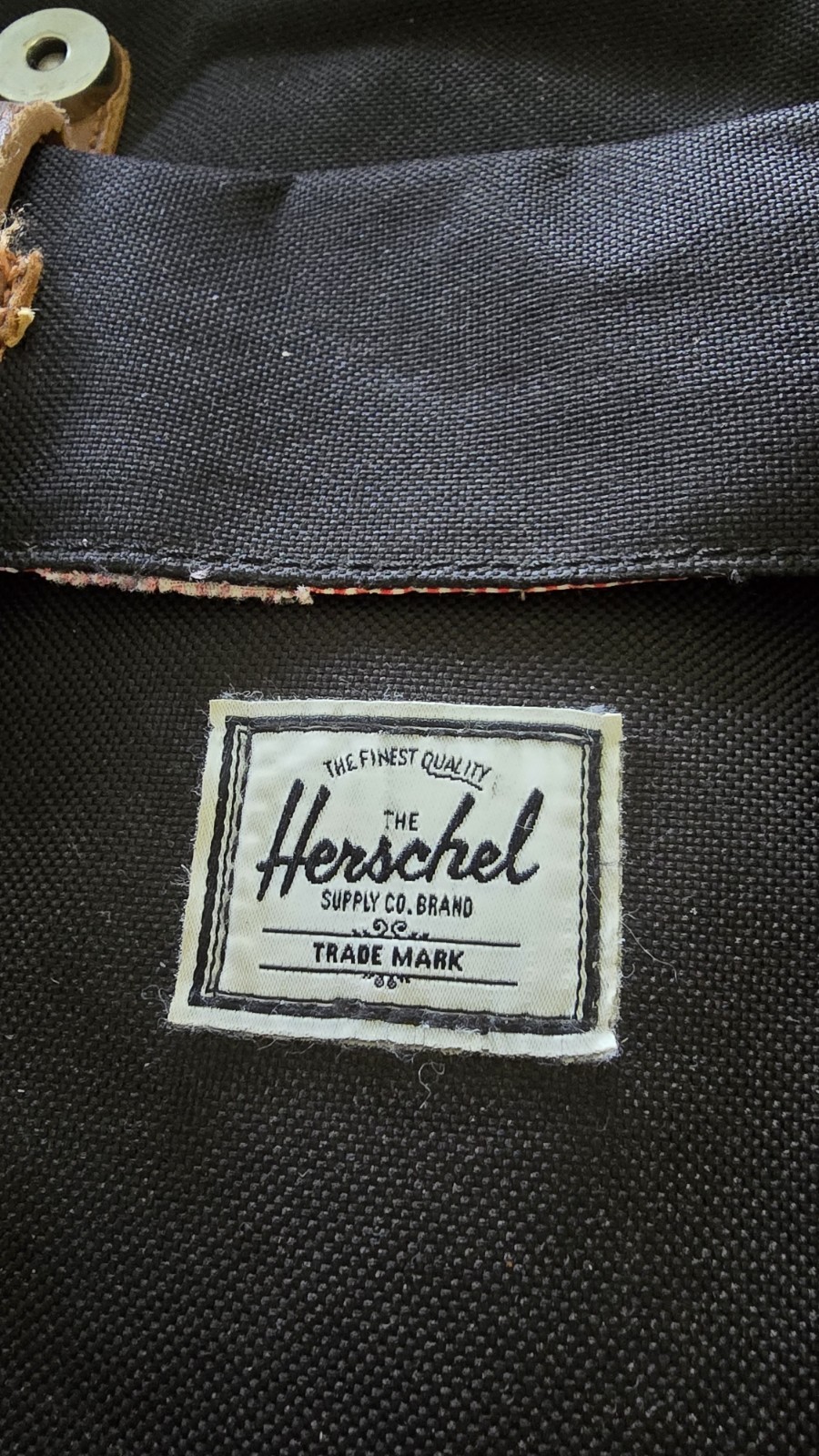 Herschel Backpack Black, Brown Straps, Red/White Striped Interior Large Flap Bag