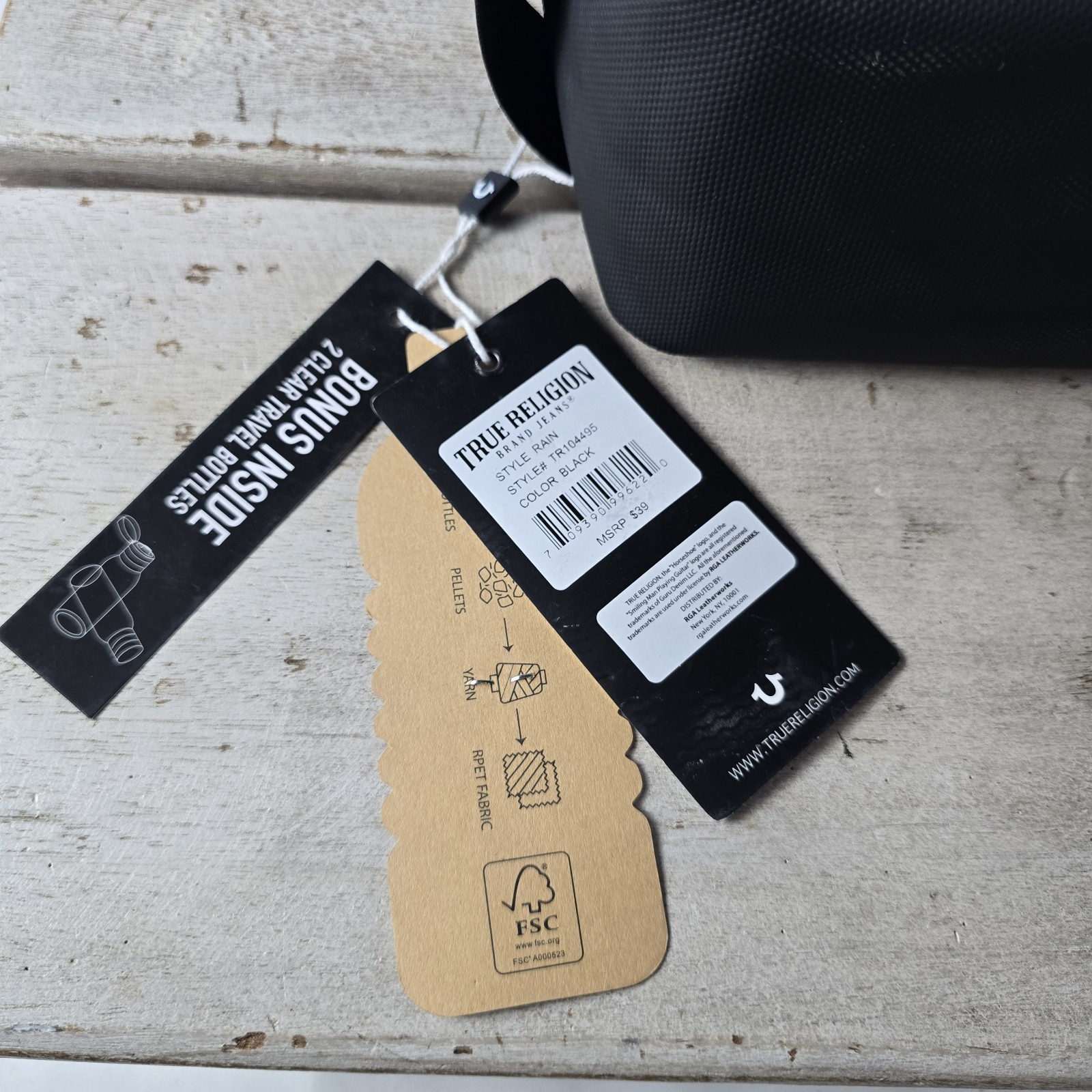 True Religion Men’s Rain Toiletry Bag w/2 Travel Bottles Black Canvas Logo NWT